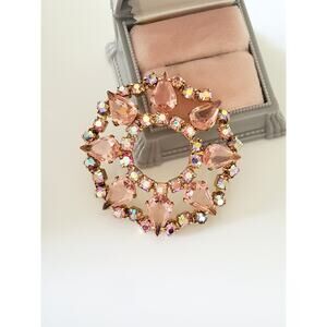 Vintage Mid-Century Aurora Borealis and Pink Rhinestone Wreath Brooch